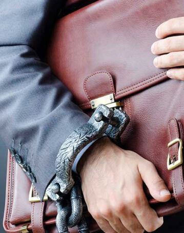 Businessman holding a briefcase chained to his wrist.
