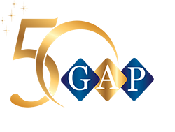 Golden 50 years anniversary logo with GAP branding.