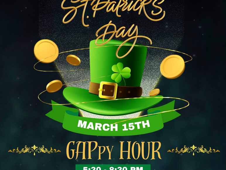 St. Patrick's Day Happy Hour with drinks and gold coins theme.